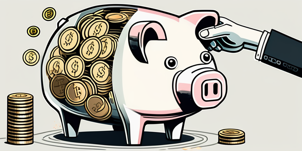 A traditional piggy bank being filled with digital coins