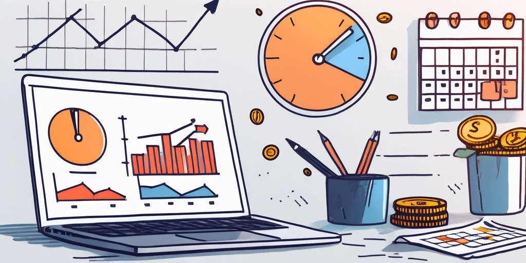 A freelancer's workspace with a laptop displaying charts and graphs