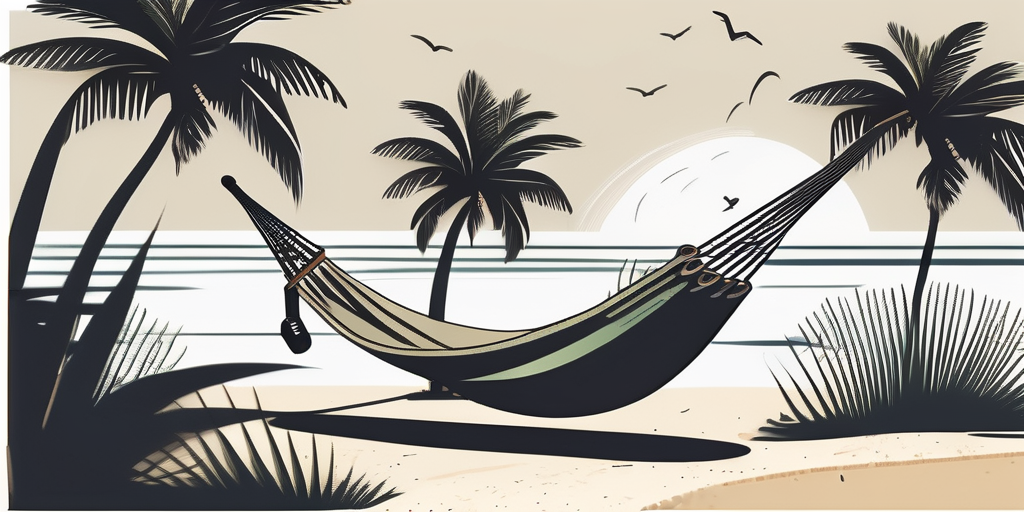 A serene beach scene with a hammock between two palm trees