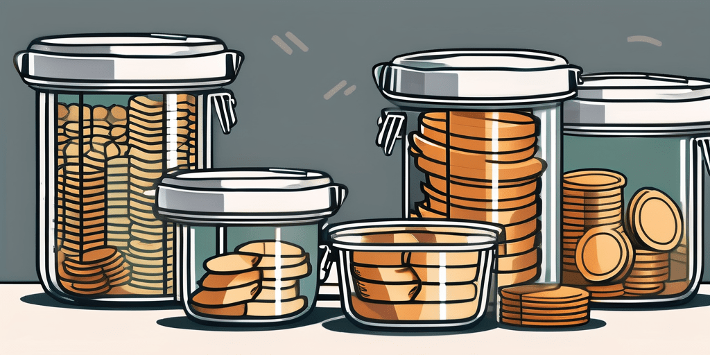 A variety of prepped meals in containers stacked on top of a pile of coins